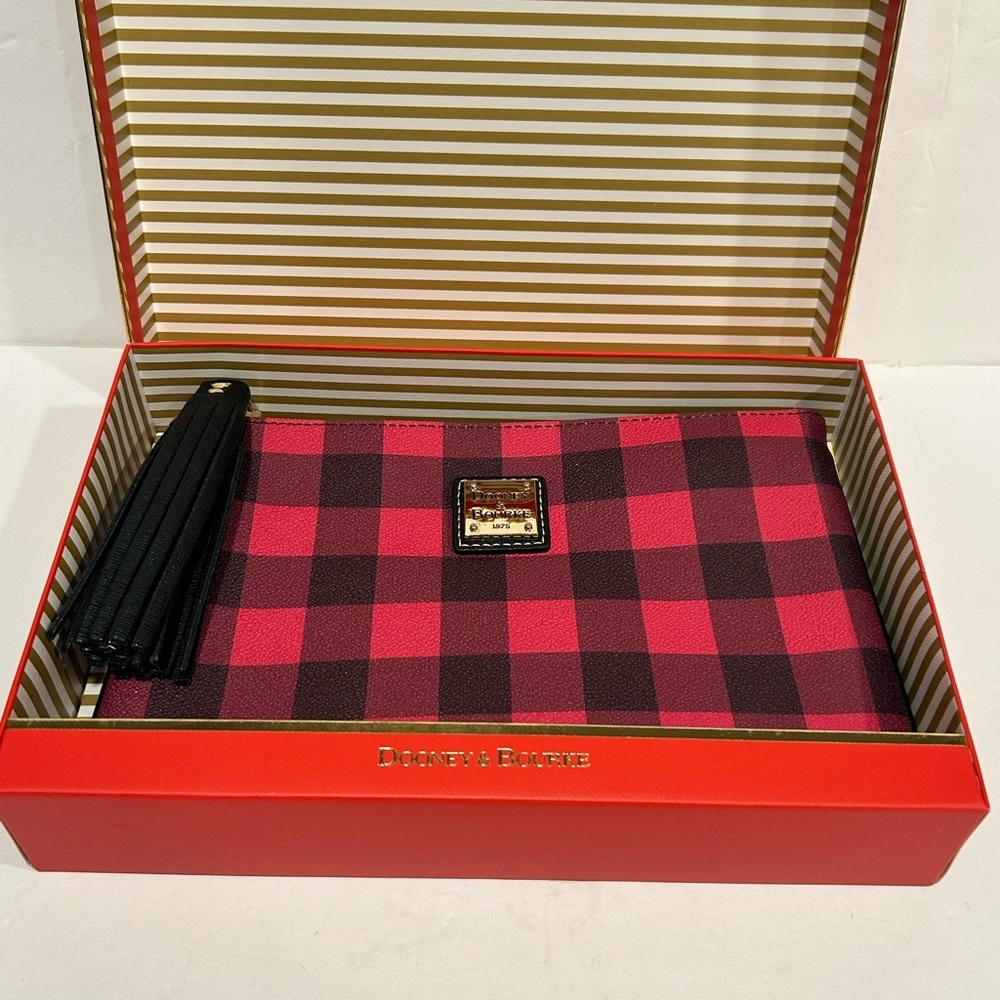Dooney & Bourke Carrington Pouch, Black Red, Buffalo Check, Tassel, LOGO, Box